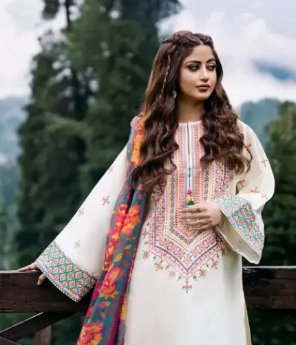 Sapphire Premium Edition Dhank 3Pc Unstitched Suit – embroidered neck, front, sleeves, border with digital printed shawl.