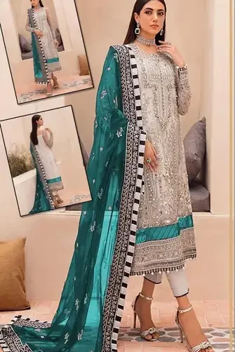 Gulaal Iconic Wedding Collection organza embroidered 3-piece unstitched suit with handwork front, embroidered daman patches, embellished sleeves, lace dupatta, and malai trouser – Pakistani luxury fashion 2025