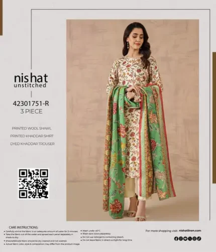 NISHAT Khaddar 3Pc Unstitched Suit featuring printed shirt, wool shawl, and dyed trouser – Winter Collection 2025.
