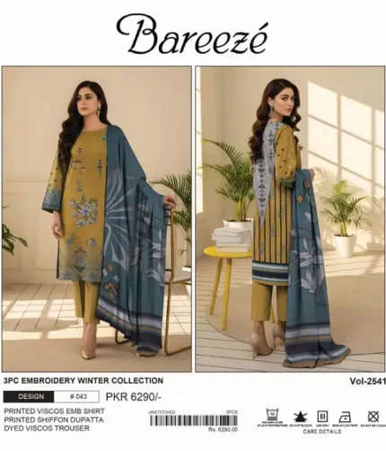 Bareeze Winter Collection 3Pc Viscose unstitched suit with embroidered shirt, chiffon dupatta, and trouser – Pakistani designer wear 2025.