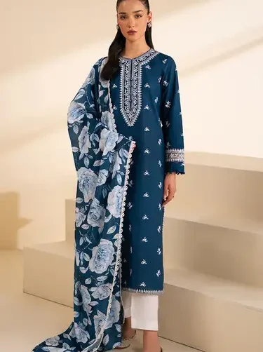 CrossStitch premium Dhank unstitched suit with heavy embroidered neckline, front, sleeves, border and digital printed shawl.