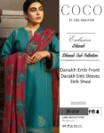 Zara Shahjahan COCO Dhank 3-piece embroidered suit with digital printed shawl.