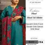 Zara Shahjahan COCO Dhank 3-piece embroidered suit with digital printed shawl.