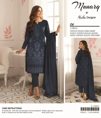 Munareq by Nisha Designer Vintex Peach 3Pc Unstitched Suit with embroidered shirt, fancy shawl, and dyed trouser – Pakistani winter fashion 2025