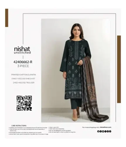 Nishat 3Pc Fancy Viscose Suit with embroidered shirt, chiffon dupatta, and viscose trouser – Pakistani winter wear 2025