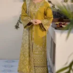Qalamkar 3Pc Dhank unstitched suit with embroidered shirt, embroidered sleeves, embroidered border, plain back, digital printed shawl, and trouser – Pakistani designer winter wear