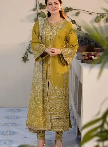 Qalamkar 3Pc Dhank unstitched suit with embroidered shirt, embroidered sleeves, embroidered border, plain back, digital printed shawl, and trouser – Pakistani designer winter wear