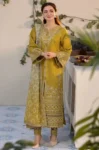 Qalamkar 3Pc Dhank unstitched suit with embroidered shirt, embroidered sleeves, embroidered border, plain back, digital printed shawl, and trouser – Pakistani designer winter wear