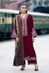 Izel 3Pc Dhank unstitched suit with embroidered shirt, embroidered border, embroidered sleeves, digital printed dupatta, and plain trouser – Pakistani designer winter wear
