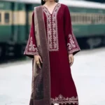 Izel 3Pc Dhank unstitched suit with embroidered shirt, embroidered border, embroidered sleeves, digital printed dupatta, and plain trouser – Pakistani designer winter wear