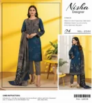 Nisha Designer embroidered viscose shirt with silk dupatta and viscose trouser, available in 10 elegant designs.