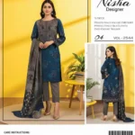 Nisha Designer embroidered viscose shirt with silk dupatta and viscose trouser, available in 10 elegant designs.