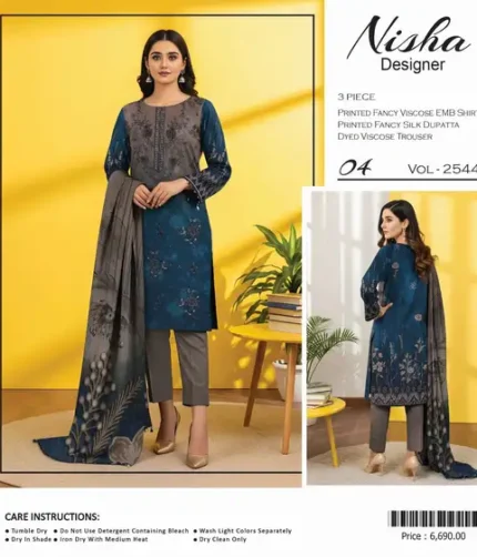 Nisha Designer embroidered viscose shirt with silk dupatta and viscose trouser, available in 10 elegant designs.