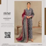 Nishat karandi 3-piece unstitched suit with printed shirt, trouser, and dupatta in multiple winter designs.