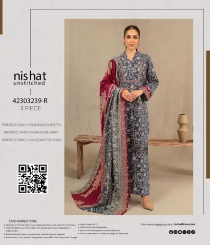 Nishat karandi 3-piece unstitched suit with printed shirt, trouser, and dupatta in multiple winter designs.