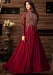 Indian Chiffon Maxi with sequence embroidery, zari work, pearl handwork, chiffon dupatta, and plain trouser – premium designer outfit 2025.