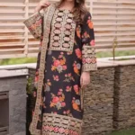 Aneela linen 3-piece unstitched suit with embroidered patches and digital printed dupatta.