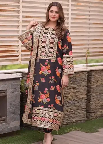 Aneela linen 3-piece unstitched suit with embroidered patches and digital printed dupatta.