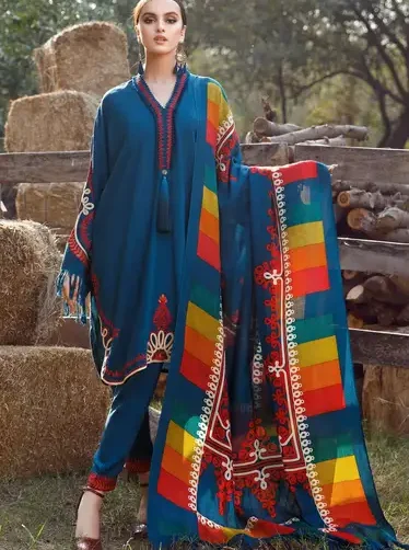 Maria B Premium Edition 3-piece Dhank unstitched suit with embroidery and digital printed shawl.