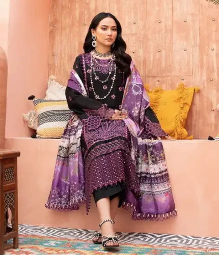 Adanas Libas Dhanak embroidered unstitched 3-piece suit with wool digital print shawl, perfect for winter fashion 2025.