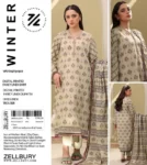ZELLBURY 3-piece unstitched fancy linen suit with printed shirt, printed dupatta, and dyed trouser, premium winter collection 2025.