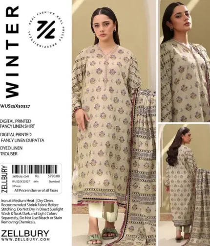 ZELLBURY 3-piece unstitched fancy linen suit with printed shirt, printed dupatta, and dyed trouser, premium winter collection 2025.