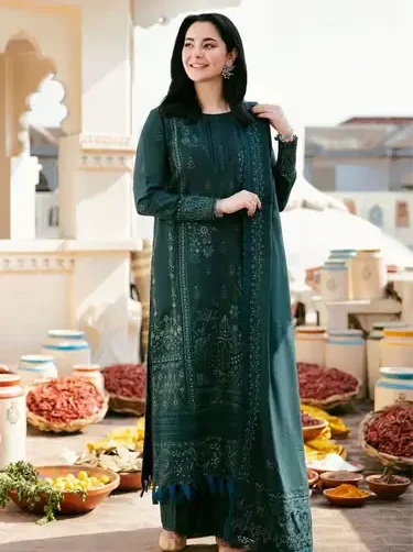 Qalamkar 3-piece pure Dhanak embroidered unstitched suit with embroidered shawl and plain trouser, winter collection 2025.