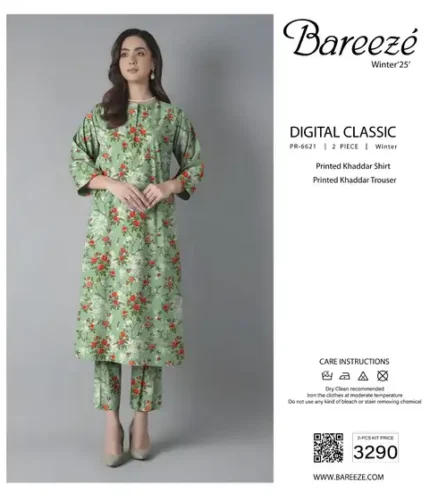 Bareeze 2-piece unstitched digital printed khaddar shirt and trouser, premium winter collection 2025.