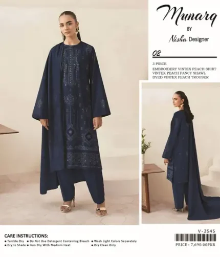Munarq by Nisha embroidered 3-piece unstitched suit with shirt, fancy shawl dupatta, and trouser, premium winter collection 2025.
