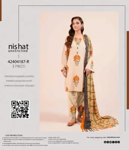 Nishat 3-piece unstitched fancy khaddar suit with printed shirt, dupatta, and trouser, premium winter collection 2025.