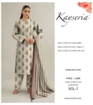 Kesriya 3-piece unstitched digital printed linen suit with shirt, pure dupatta, and trouser, premium winter collection 2025.