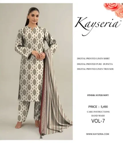 Kesriya 3-piece unstitched digital printed linen suit with shirt, pure dupatta, and trouser, premium winter collection 2025.