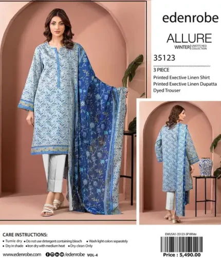 Edenrobe 3-piece unstitched digital printed linen suit with shirt, dupatta, and dyed trouser, premium winter collection 2025.