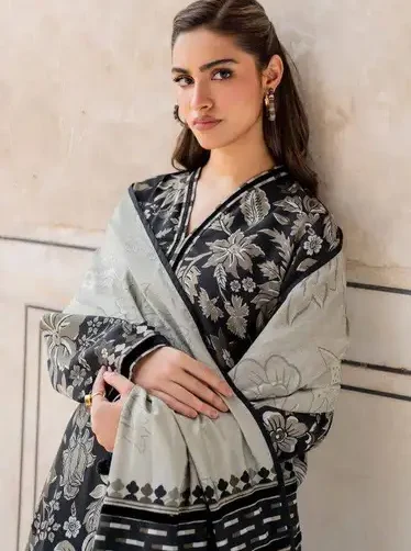 Baroque Dhanak Edition 3-piece embroidered and digital printed suit with shawl and trouser from the 2025 winter collection.