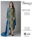 Bareeze 3-piece unstitched digital printed linen suit with shirt, chiffon dupatta, and trouser, premium winter collection 2025.