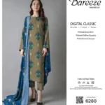 Bareeze 3-piece unstitched digital printed linen suit with shirt, chiffon dupatta, and trouser, premium winter collection 2025.