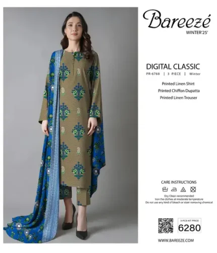 Bareeze 3-piece unstitched digital printed linen suit with shirt, chiffon dupatta, and trouser, premium winter collection 2025.
