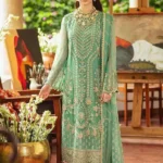 Afroze Shenhāi chiffon embroidered 3-piece suit with sequin work, fancy tassels, and Malai trouser from the 2025 wedding collection.