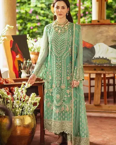 Afroze Shenhāi chiffon embroidered 3-piece suit with sequin work, fancy tassels, and Malai trouser from the 2025 wedding collection.