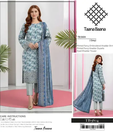 Taana Baana unstitched 3-piece fancy khaddar embroidered suit with printed dupatta and dyed trouser, premium winter wear 2025.
