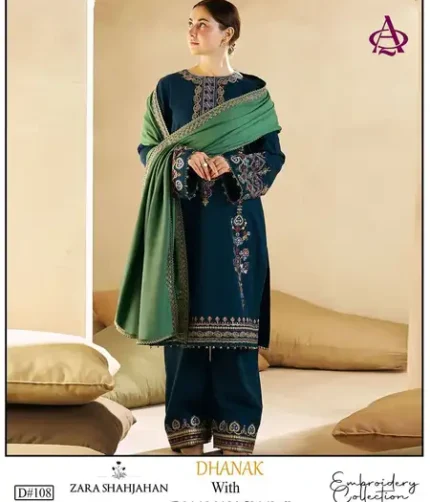 Bareeze luxury unstitched Dhanak embroidered suit with printed shawl and plain trouser, winter collection 2025.