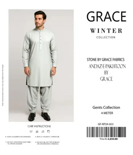 Grace Mens Andaz-e-Pakhtoon unstitched 4-meter premium fabric in 13 colors, traditional men’s winter wear 2025.