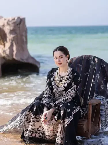 Qalamkar unstitched embroidered Dhanak suit with digital wool shawl dupatta and dyed trouser, from Winter Collection 2025.