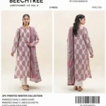Beechtree 3-piece unstitched printed linen suit with dyed trouser and fancy linen dupatta from winter collection 2025.