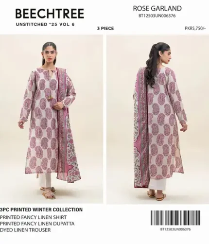 Beechtree 3-piece unstitched printed linen suit with dyed trouser and fancy linen dupatta from winter collection 2025.