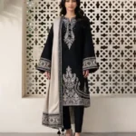 Baroque unstitched Dhanak suit with embroidered neckline, border, and sleeves, paired with a digital printed Dhanak dupatta from the 2025 winter collection.