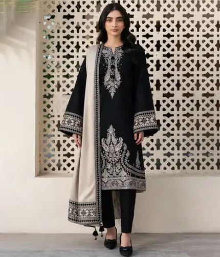 Baroque unstitched Dhanak suit with embroidered neckline, border, and sleeves, paired with a digital printed Dhanak dupatta from the 2025 winter collection.