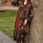 Baroque unstitched 3-piece dhank suit with embroidered neck and sleeves, digital printed dupatta, luxury winter collection 2025.