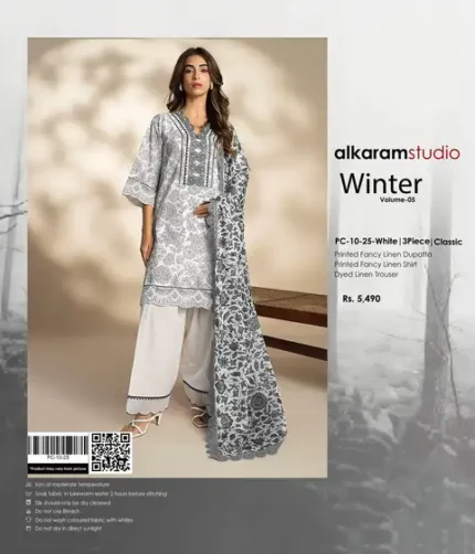 Alkaram Studio 3-piece unstitched printed fancy linen suit with dyed trouser and printed dupatta from the 2025 winter collection.