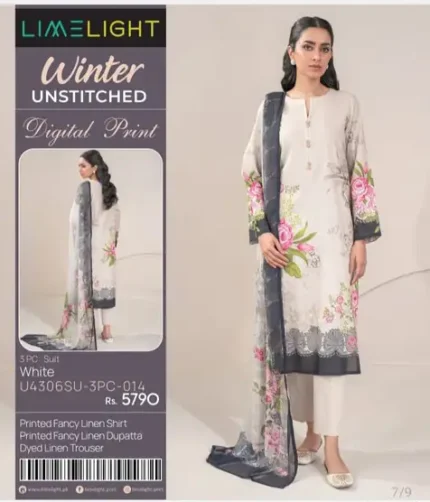 Limelight printed fancy linen unstitched 3-piece winter suit with dyed trouser and printed dupatta – Winter Collection 2025.